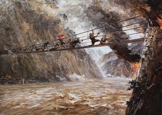油画《飞夺泸定桥》，130×180厘米，1957年，刘国枢绘