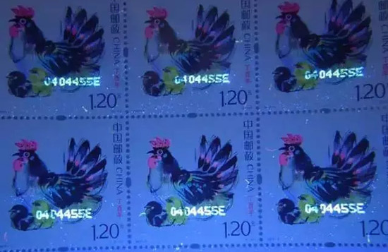 荧光灯下的鸡年生肖邮票