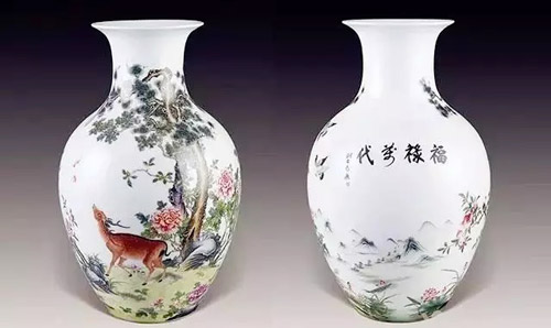 “一带一路”国礼瓷器收藏品福禄万代珐琅彩莲子瓶正面和侧面图案