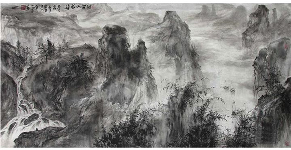 中国当代著名书画家谢天成书画作品细雨山欲醉；规格129cmx248cm