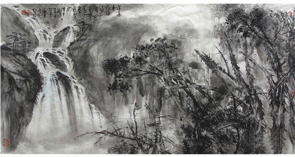 中国当代著名书画家谢天成书画作品溪边春树绿成群，重叠青山翠影分；规格96cmx180cm
