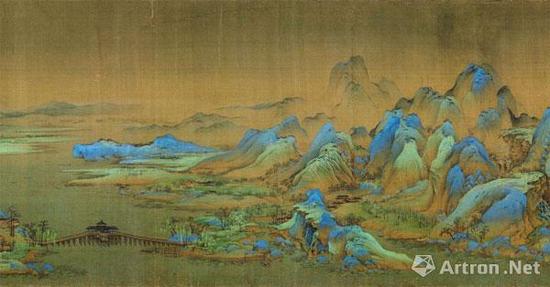 《千里江山图》长卷， 绢本设色，纵51.5cm，横1191.5cm，北京故宫博物院馆藏。上图为局部图。