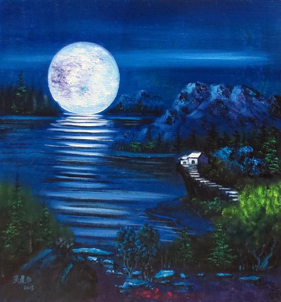 黄建南 油画《月亮长大了》70x70cm