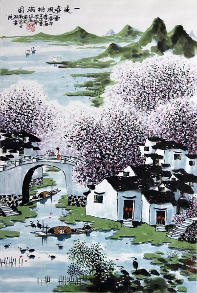 画家黄庭海作品《一夜春风桃满园》