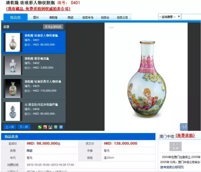 清乾隆 珐琅彩人物纹胆瓶拍卖价格