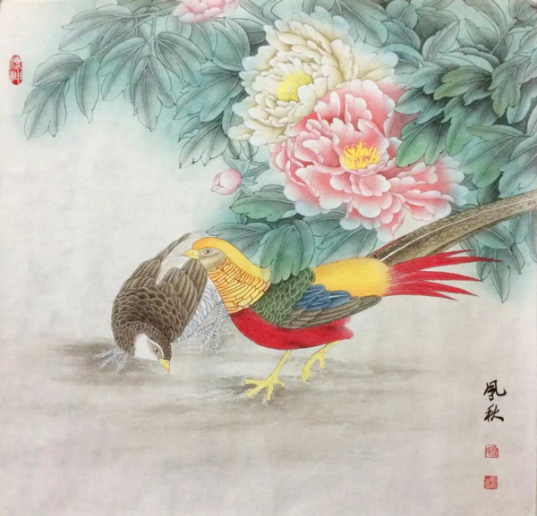 徐凤秋国画作品《锦鸡》，约61×60cm，3.2平尺