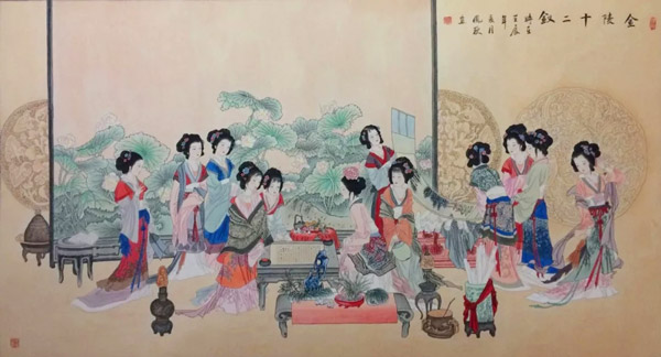 徐凤秋国画作品《金陵十二钗》，约173×94cm，14.5平尺
