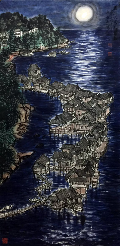 吴定玉 写意重彩作品新丝路系列之《马尔代夫天堂岛月色》169cmx70cm  2018 纸本