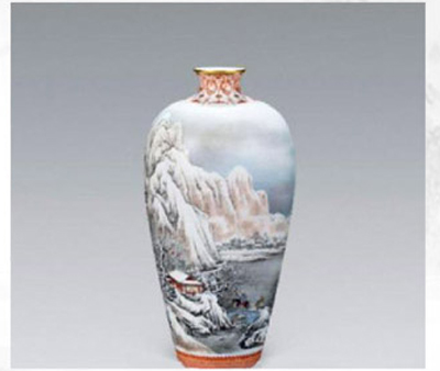 凌宗正作品雪景图重工粉彩瓷瓶