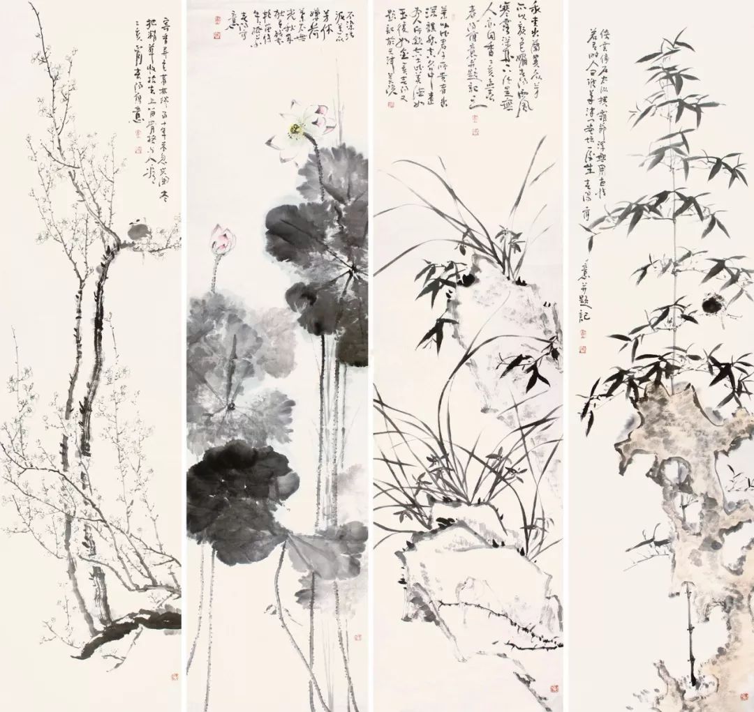 霍春阳国画《花鸟》 成交价格：RMB 1,568,000尺寸：248×61.5cm×4